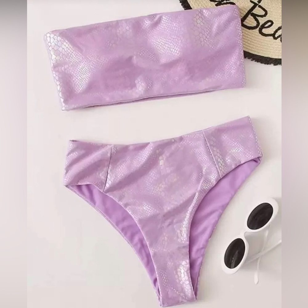 Lavender Iridescent Snakeskin Strapless Bikini Set High Waist